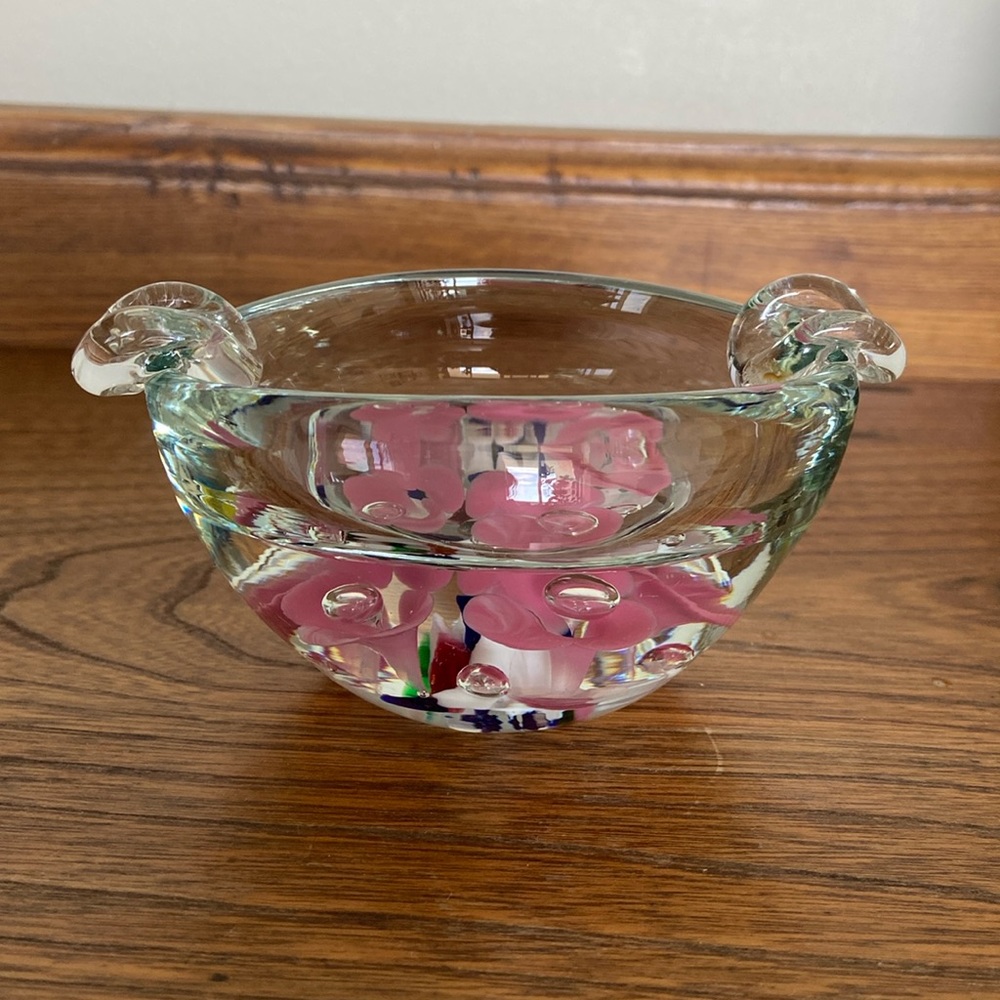 Vintage Joe St Clair Art Glass Bullicante Floral Ashtray/Trinket Dish